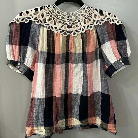 Anthropologie Plaid Boho Crochet Embroidered Cotton Peasant Swing Blouse Size S - Picture 3 of 7